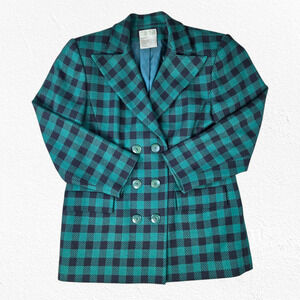 70s Vintage Emmanuelle Khanh Green Plaid Double Breasted Wool Blazer Size 10